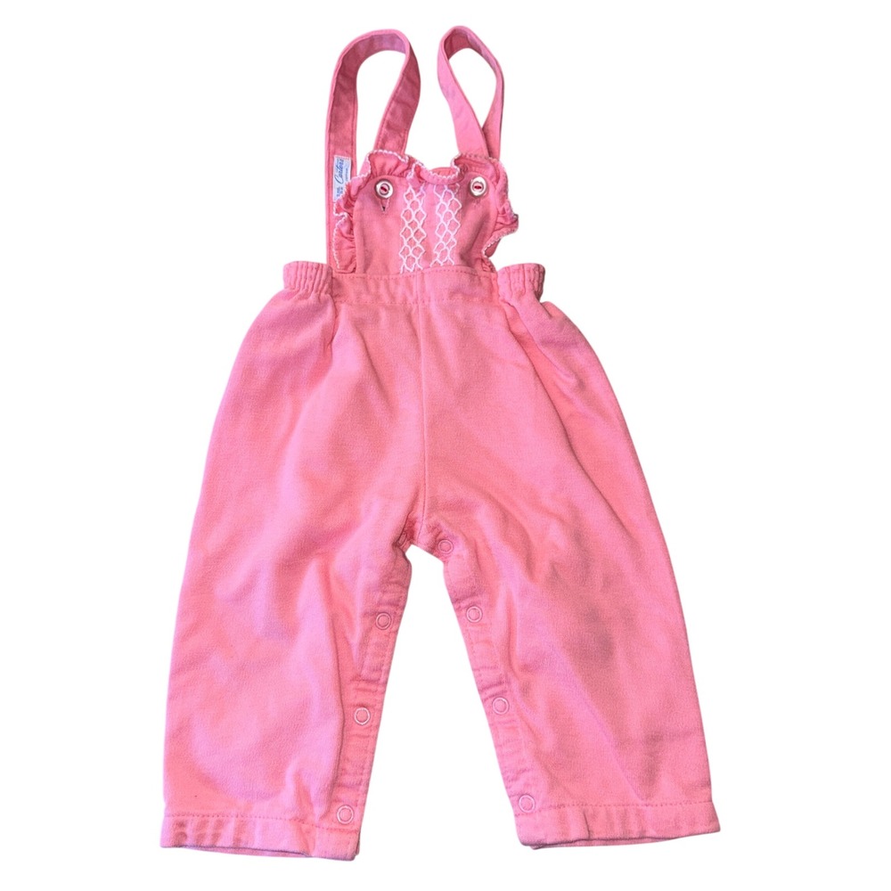 Carter's Vintage 1970s Overalls 18M Pink Smocked Ruffle Cotton Knit Snaps